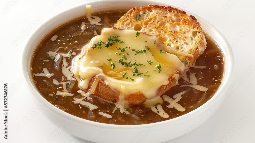 A serving of rich onion soup, topped with melted cheese and a slice of toasted baguette. Isolated on pure white background A serving of rich onion soup, topped with melted cheese and a slice of toasted baguette. Isolated on pure white background