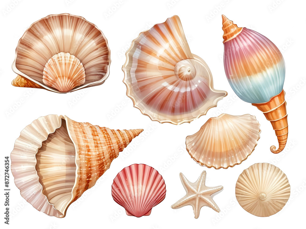 Collection includes a set of beautiful sea shells. Clip art. Isolated transparent background. Collection includes a set of beautiful sea shells. Clip art. Isolated transparent background.