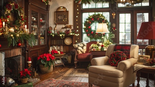 Cozy Christmas Living Room Decorated with Red Ornaments and Wreaths