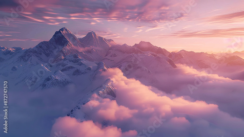 A majestic mountain peak towering above the clouds, bathed in golden sunlight with a soft mist rising from its base photo