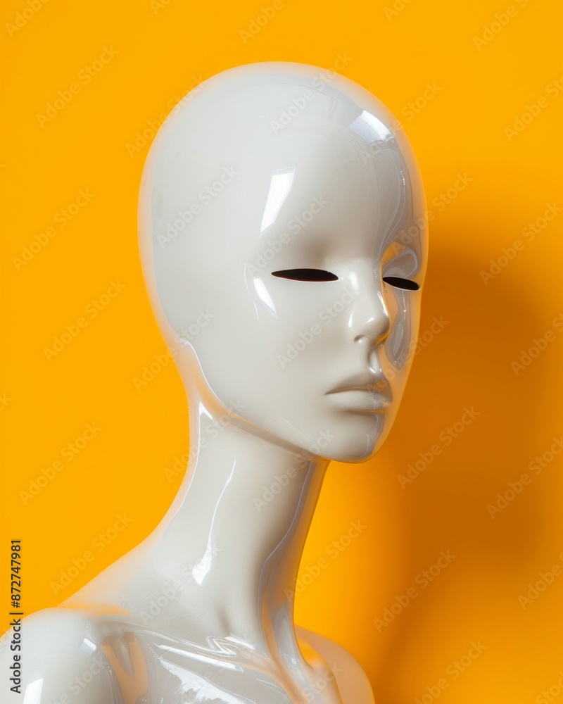 A simple composition featuring a white mannequin head on a bright yellow background. A simple composition featuring a white mannequin head on a bright yellow background.