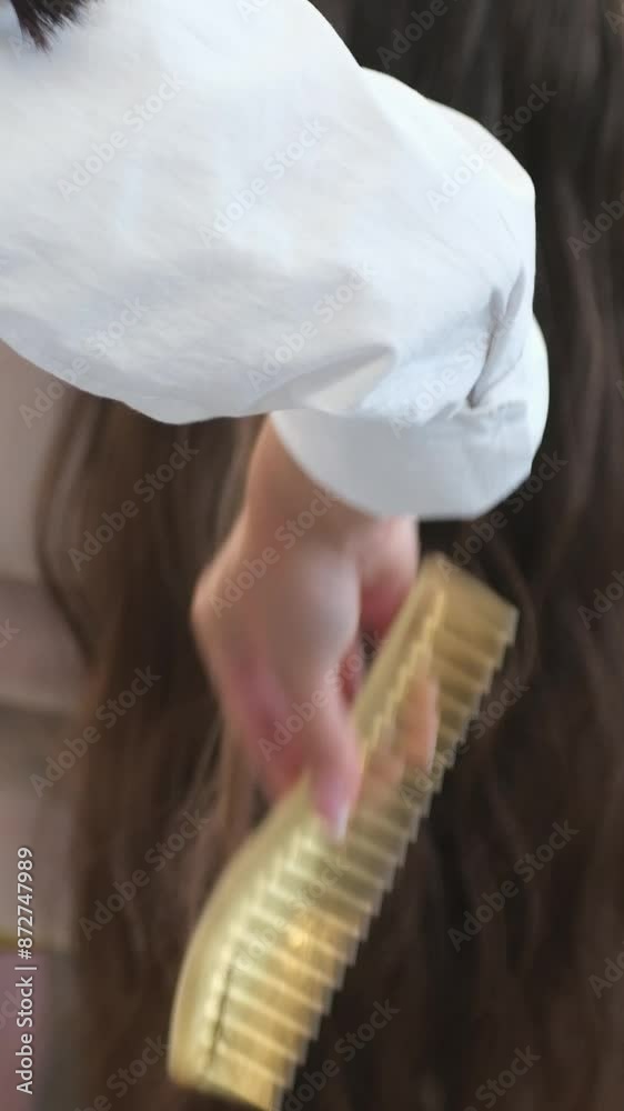 Close up of haircare, comb moves along beautiful healthy long flowing brown hair, texture. Healthy long smooth flowing brown hair. Combing hair