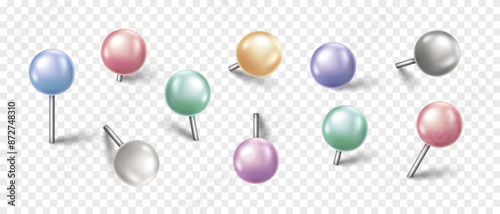 Vector 3D colorful pin with shadow isolated on transparent background. Set of realistic plastic round thumbtack in different angles.