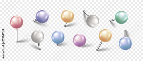 Vector 3D colorful pin with shadow isolated on transparent background. Set of realistic plastic round thumbtack in different angles.