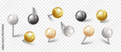 Vector 3D colorful pin with shadow isolated on transparent background. Set of realistic plastic round thumbtack in different angles.