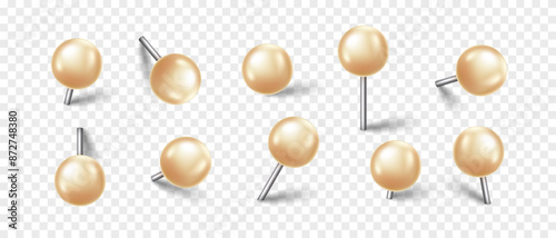 Vector 3D white pin with shadow isolated on transparent background. Set of realistic plastic round thumbtack in different angles.