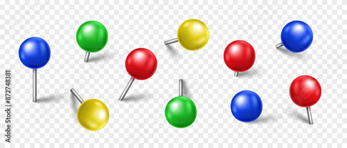 Vector 3D colorful pin with shadow isolated on transparent background. Set of realistic plastic round thumbtack in different angles.