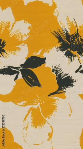 brushed calligraphy white flowers on yellow background, abstract painting patterns