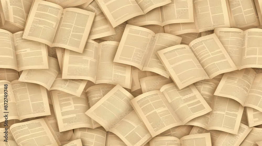 Fototapeta premium Vintage monochrome seamless pattern with layered newspaper text and illustrations on old paper backdrop. Vector background for design projects.