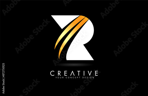 Letter R Logo Design in golden white colors with negative space Swooshes and creative font cut