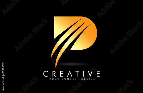 Letter P p Logo Design in golden white colors with negative space Swooshes and creative font cut