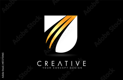 Letter U u Logo Design in Golden white colors with negative space Swooshes and creative font cut