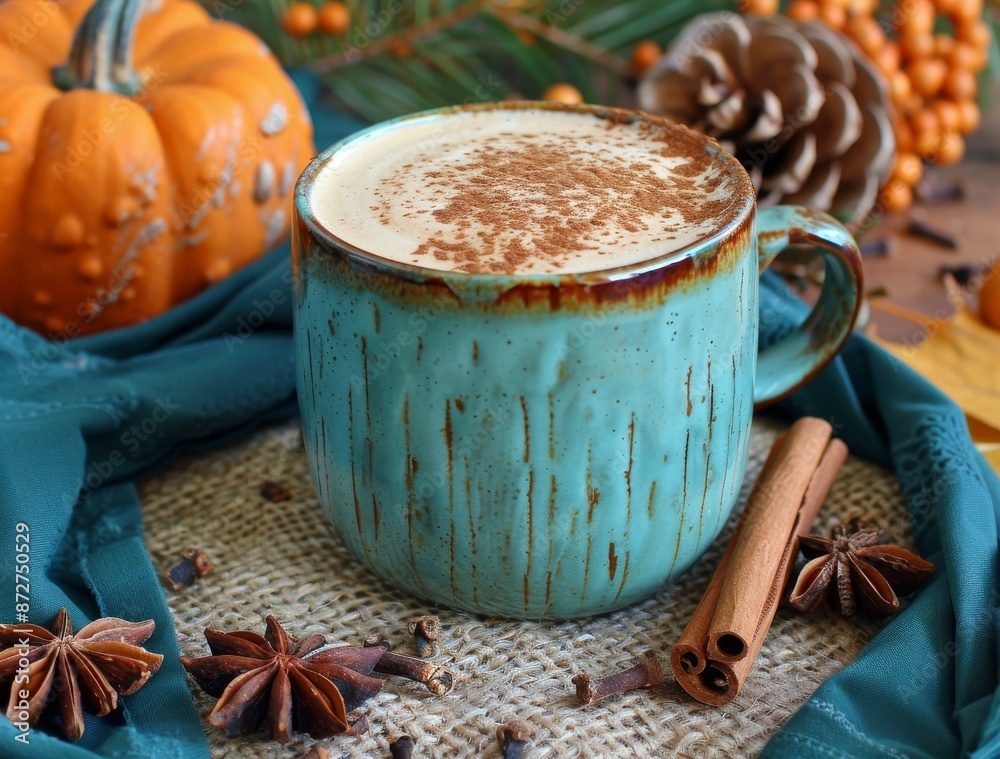 Teal Mug of Spiced Pumpkin Latte With Cinnamon Sticks and Star Anise Teal Mug of Spiced Pumpkin Latte With Cinnamon Sticks and Star Anise
