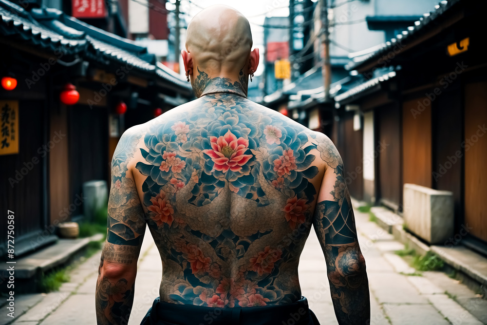 Man with Traditional Japanese Tattoo in a Narrow Street Man with Traditional Japanese Tattoo in a Narrow Street