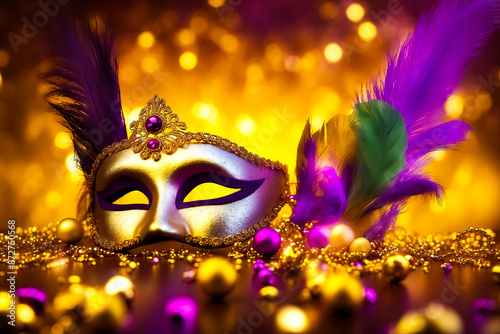 Gold and Purple Carnival Mask with Feathers and Beads