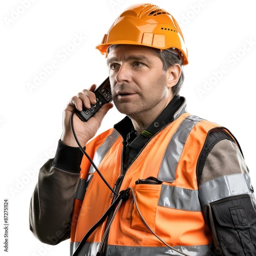 Warehouse manager talking on a walkie-talkie, wearing a safety vest and helmet, coordinating operations, Portrait half-body, hyper-realistic, high detail, photorealistic, white background, studio