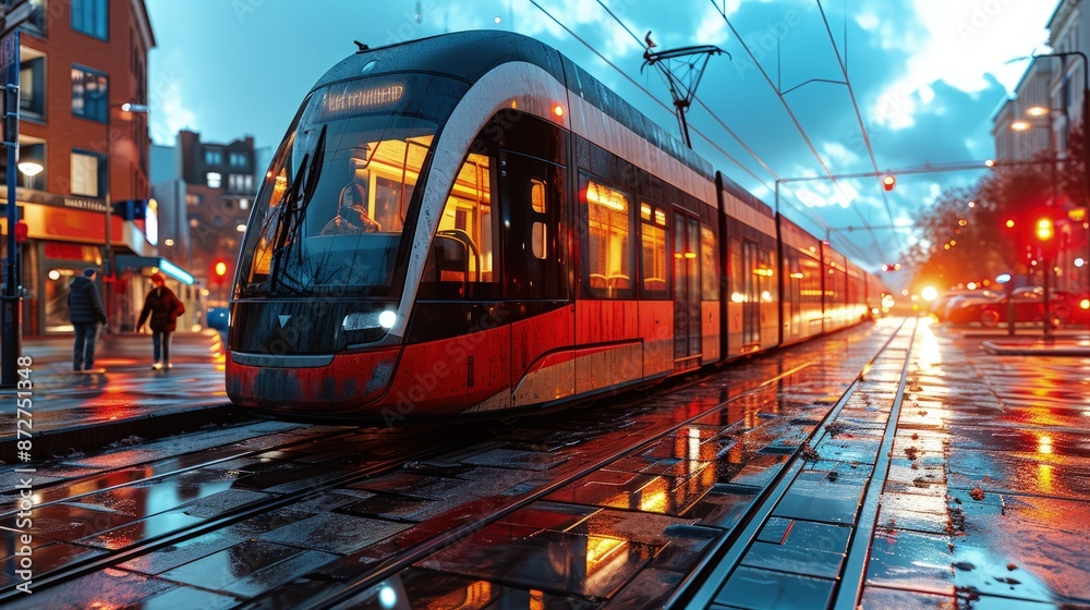 Fototapeta premium Flat Design Tram Illustration in Urban Transportation Style