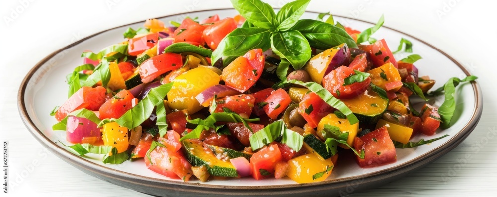 A plate of vibrant ratatouille with a mix of colorful vegetables, garnished with fresh basil. Isolated on pure white background A plate of vibrant ratatouille with a mix of colorful vegetables, garnished with fresh basil. Isolated on pure white background