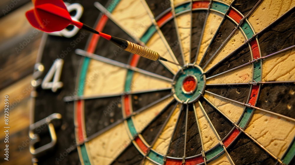 Dart Hitting the Bullseye on a Dartboard. . The sharp focus on the dart and the center of the dartboard highlights the precision and accuracy achieved. Dart Hitting the Bullseye on a Dartboard. . The sharp focus on the dart and the center of the dartboard highlights the precision and accuracy achieved.