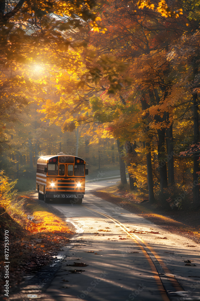 Yellow school bus on the road in the autumn countryside and sunset in the background. Back to School and education concept. Yellow school bus on the road in the autumn countryside and sunset in the background. Back to School and education concept.