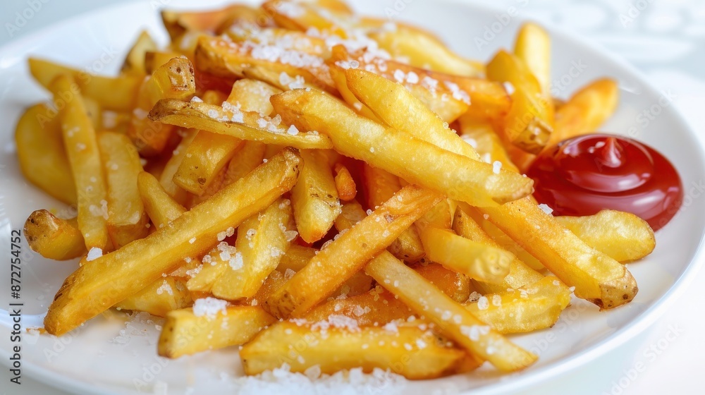 A plate of golden, crispy fries, sprinkled with sea salt and served with ketchup. Isolated on pure white background A plate of golden, crispy fries, sprinkled with sea salt and served with ketchup. Isolated on pure white background