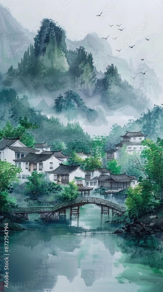 Fototapeta premium Chinese landscape painting, high mountains, rivers, and villages