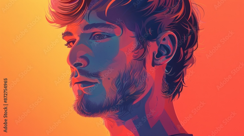 Digital Illustration of a Man With a Beard Looking to the Right Against an Orange Background, neon Digital Illustration of a Man With a Beard Looking to the Right Against an Orange Background, neon