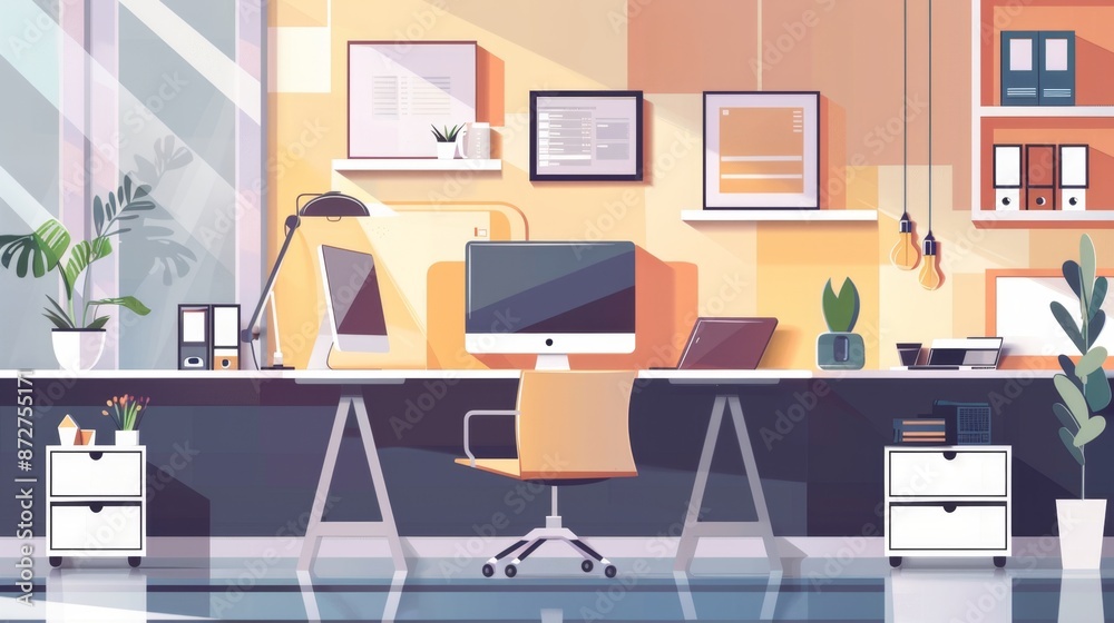 Modern Open-Plan Office Flat Design Illustration with Creative Workspace Concept Modern Open-Plan Office Flat Design Illustration with Creative Workspace Concept