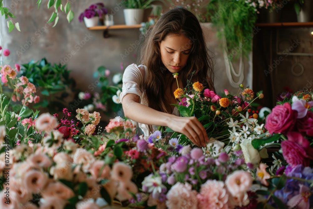 Young woman arranging colorful flower bouquet in a florist shop Young woman arranging colorful flower bouquet in a florist shop