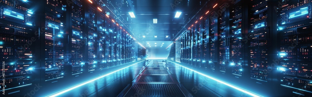 Server Room With Blue and Orange Lights Illuminated Server Room With Blue and Orange Lights Illuminated