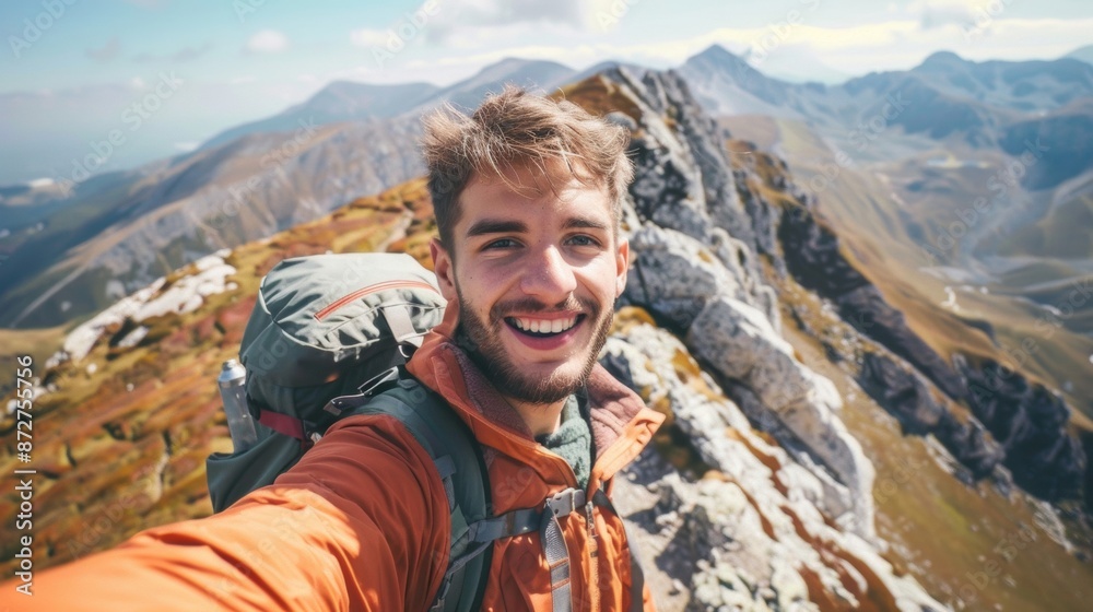 A cheerful young hiker smiles for the camera as he takes a selfie on a mountaintop surrounded by beautiful scenery. A cheerful young hiker smiles for the camera as he takes a selfie on a mountaintop surrounded by beautiful scenery.