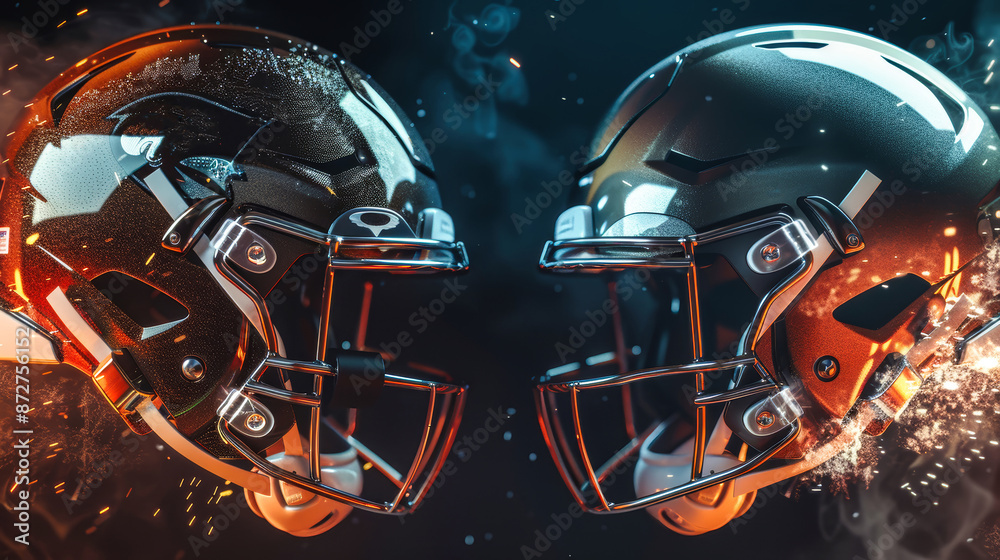 Fototapeta premium Two football helmets face each other, with sparks flying around them, creating a sense of anticipation and excitement for the game