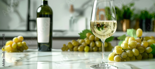 A glass of sparkling wine sits on a countertop, accompanied by clusters of grapes