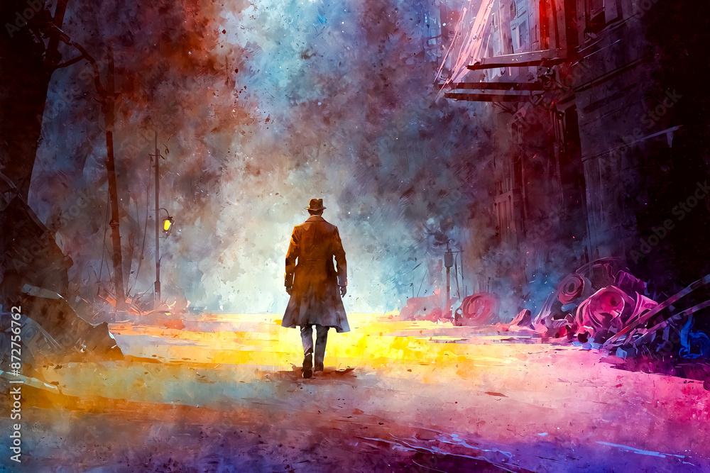 Obraz premium Man Walking Away From a Desolate City