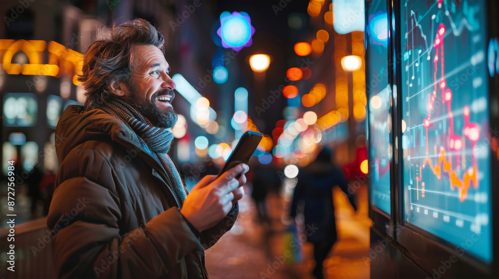 Fototapeta premium A happy man uses his mobile phone to check financial data displayed on a stock market digital graph in a city street at night