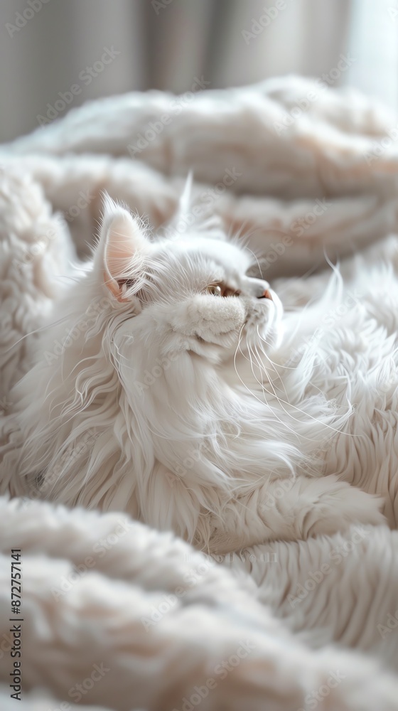 Fluffy white cat with long fur, relaxing on a soft, cozy blanket, basking in natural light, capturing a moment of peacefulness and elegance. Fluffy white cat with long fur, relaxing on a soft, cozy blanket, basking in natural light, capturing a moment of peacefulness and elegance.