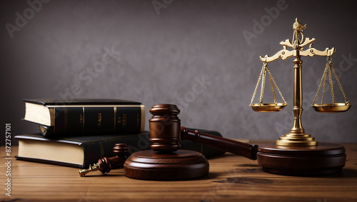 This image shows a law book, a gavel, scales, and a seal, suggesting legal or justice themes.

 photo