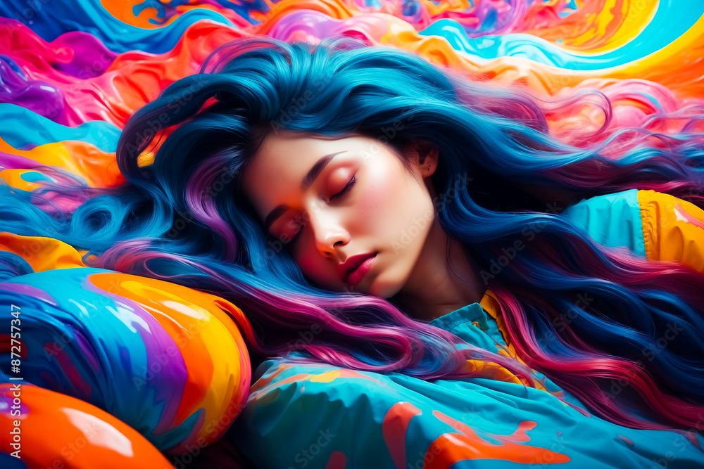 Woman with blue and pink hair sleeping on colorful abstract background