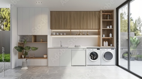 Modern Laundry Room with White Cabinets and Wooden Accents