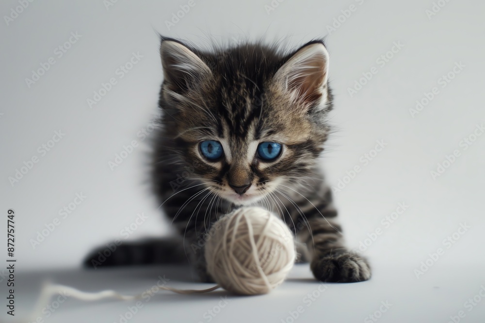 Adorable kitten with blue eyes playing with a ball of yarn on a plain background. Perfect for pet-themed designs or promotional materials. Adorable kitten with blue eyes playing with a ball of yarn on a plain background. Perfect for pet-themed designs or promotional materials.