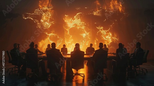 Silhouetted Figures Meeting With Burning World Map