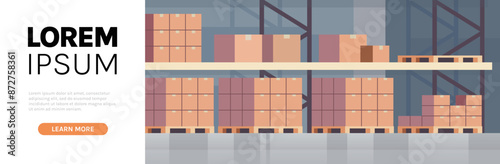 Warehouse interior box on rack and logistic delivery service horizontal banner concept flat vector illustration.	
