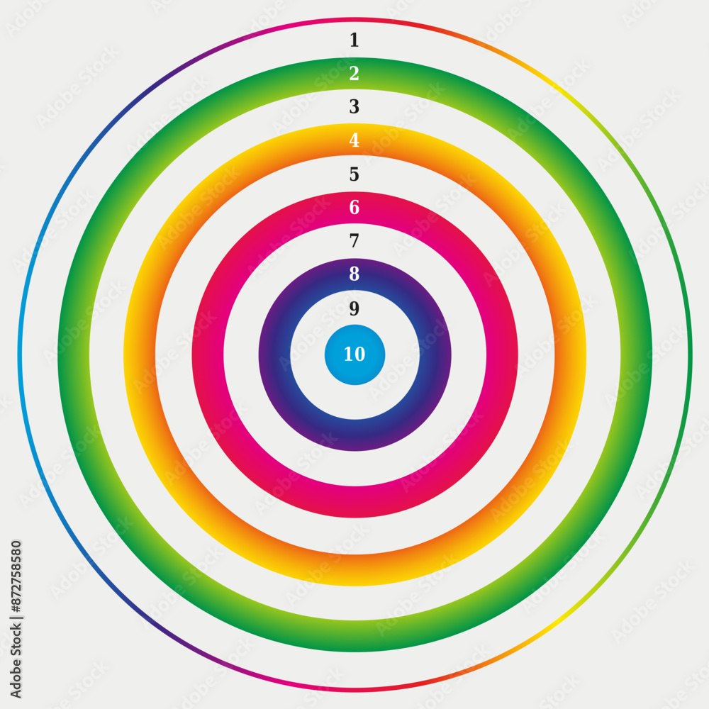 Illustration Icône de Cible Couleurs Arc-en-Ciel avec des chiffres - Cercles concentriques - Métaphore Objectif But