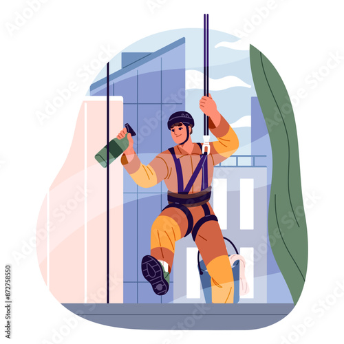 Cleaning service worker cleans window outside. Industrial alpinist washes glass of highrise building with sprayer. Climber hanging on height with harness. Flat isolated vector illustration on white