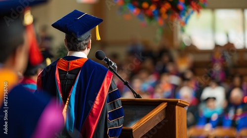 Ultra-sharp photograph of a graduate standing at a podium, delivering a commencement speech with their diploma in hand