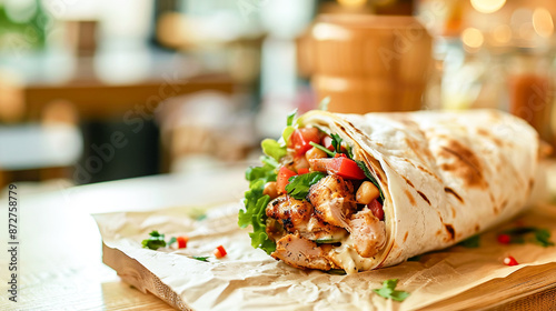 Delicious chicken shawarma wrap with vegetables and garlic sauce on a plate in cafe setting. Healthy balanced meal