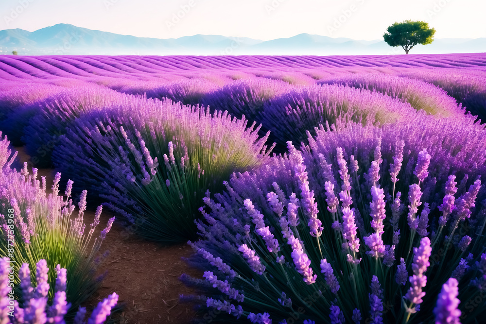 Obraz premium Lavender Field with Single Tree and Mountain Range