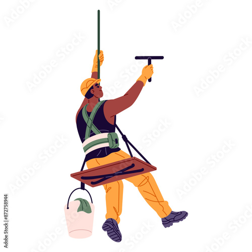 Industrial alpinist hanging with safety rope, works on height. Cleaning service worker washes, cleans window outside. Maintenance of high building glass. Flat isolated vector illustration on white