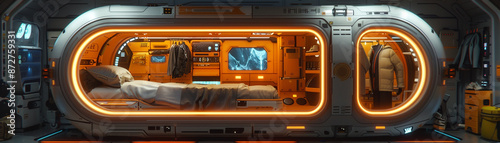 Futuristic space station interior with a cozy sleeping pod, illuminated by warm lights, featuring advanced technology and modern design.