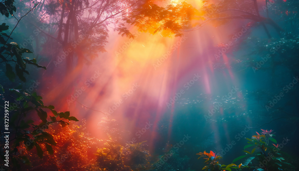 Recreation of colours ray lights between trees in jungle Recreation of colours ray lights between trees in jungle